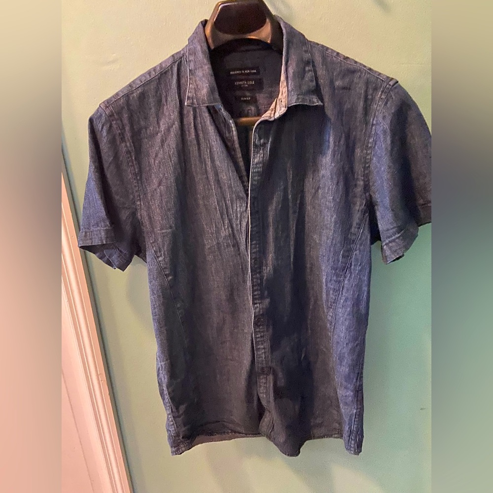 Kenneth Cole Slim Fit Size L Blue Denim Shirt Buttondown w/cuffed button sleeves